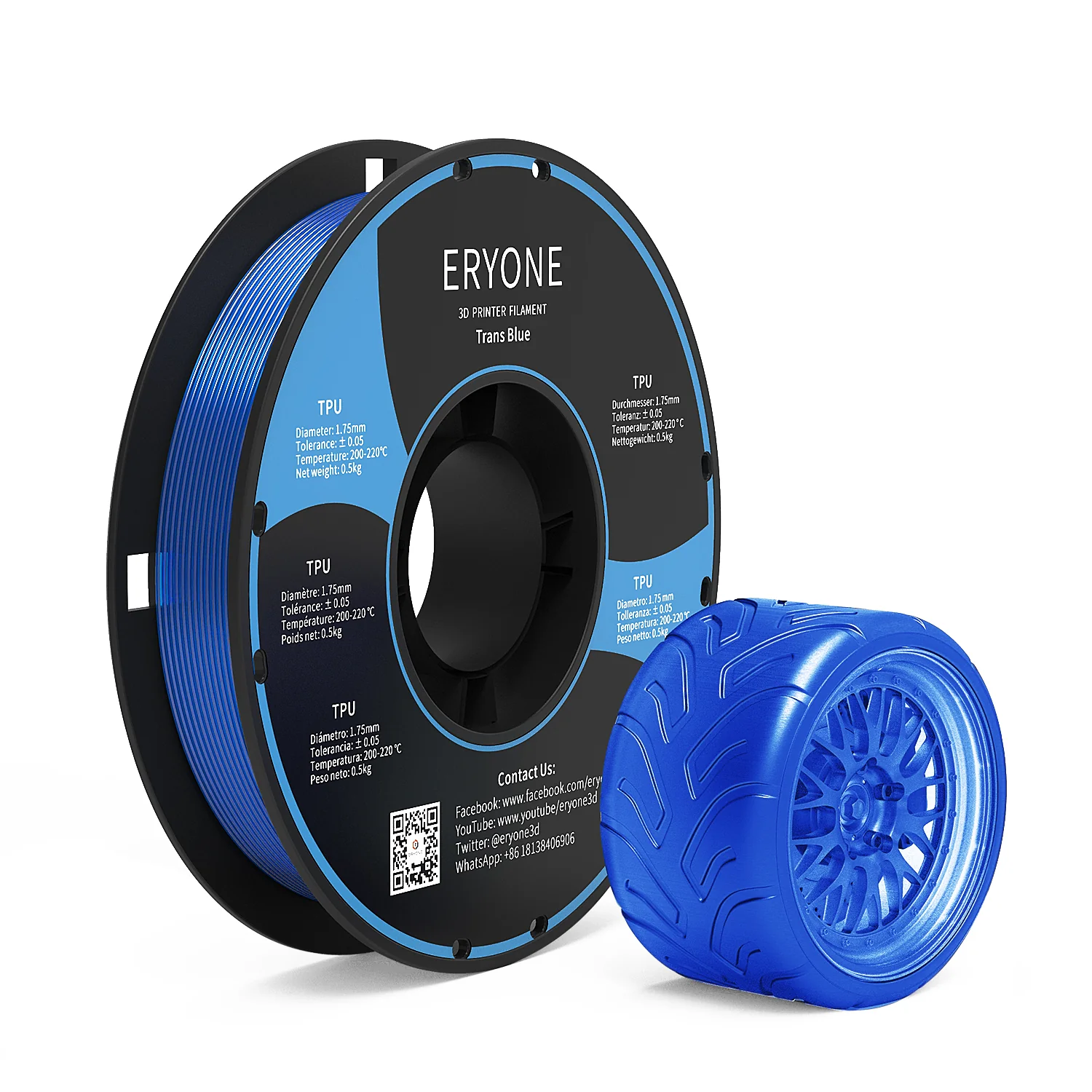 ERYONE TPU Filament - průhledná modrá 0.5 Kg