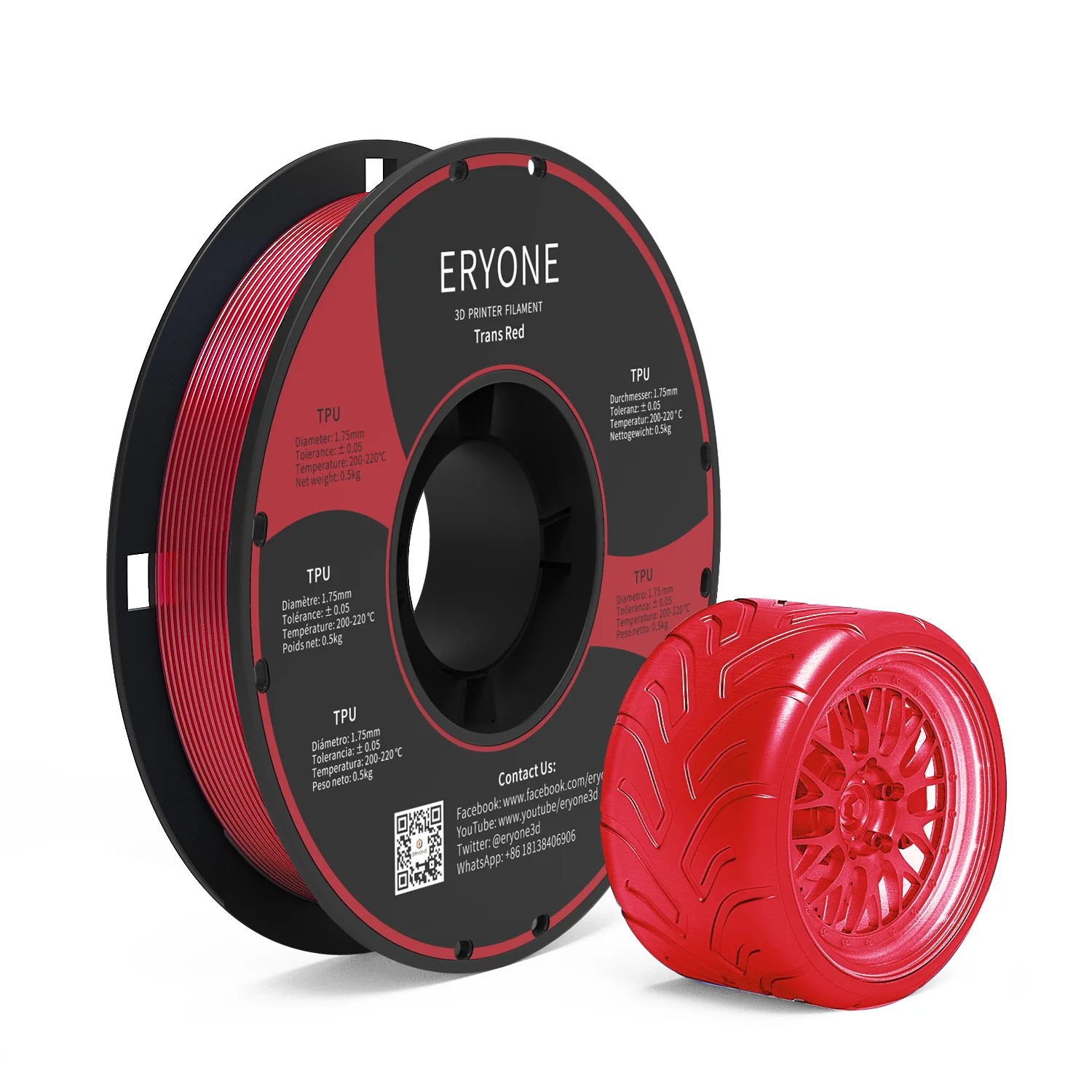 ERYONE TPU Filament - průhledná červená 0.5 Kg
