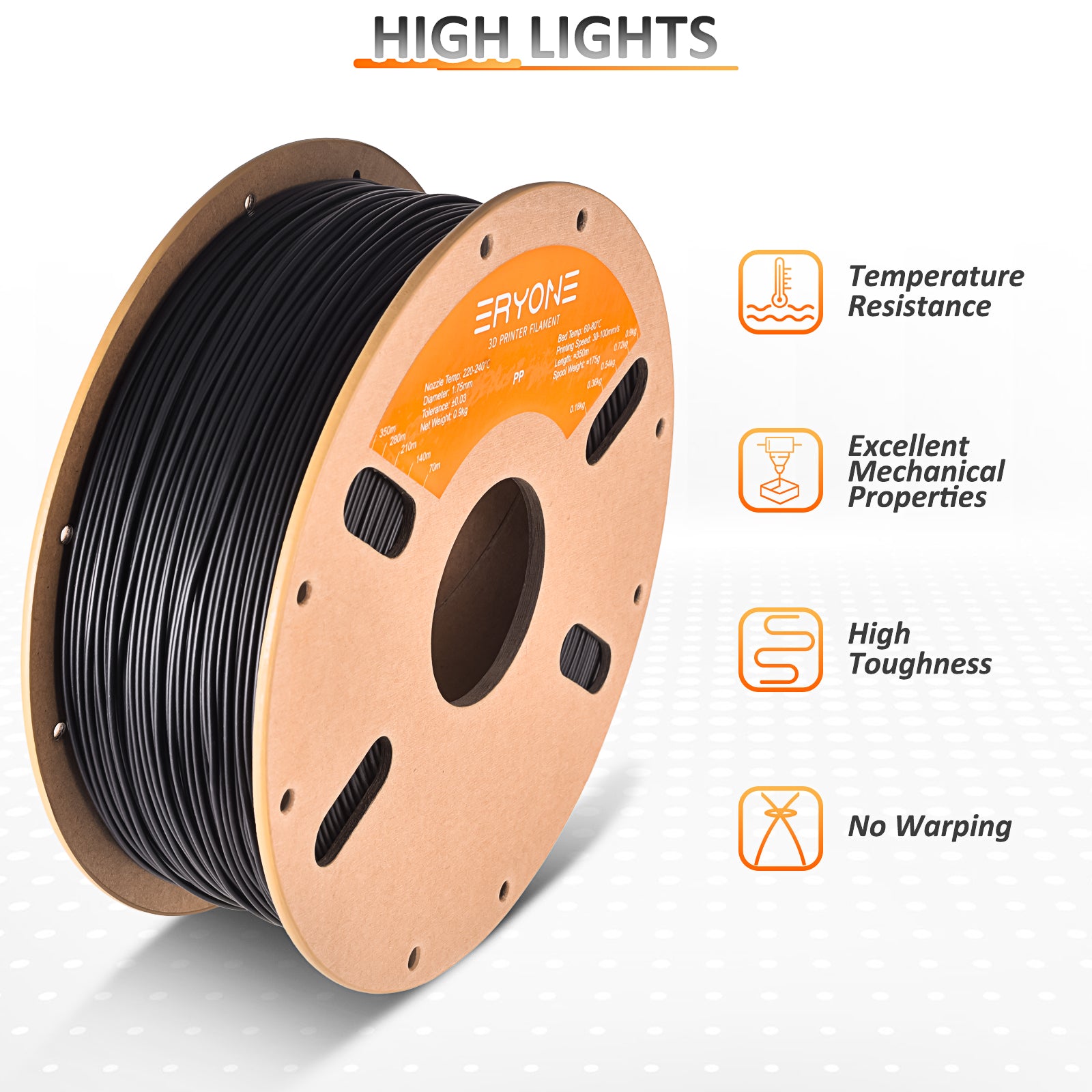 ERYONE PP-CF Černá/Black 700g – front view spool on white with feature callouts (temperature resistance, high toughness)