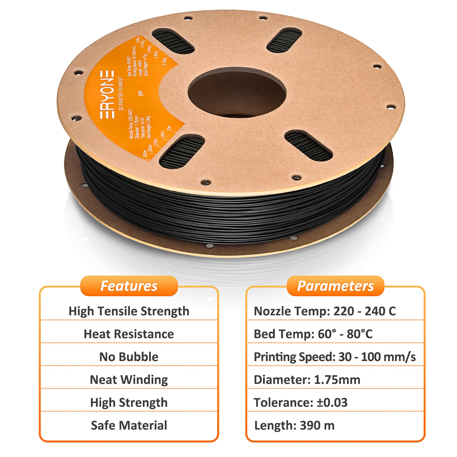 ERYONE PP-CF Černá/Black 700g – features and parameters image (nozzle 220–240°C, bed 60–80°C, 1.75mm ±0.03mm, length ~390m)