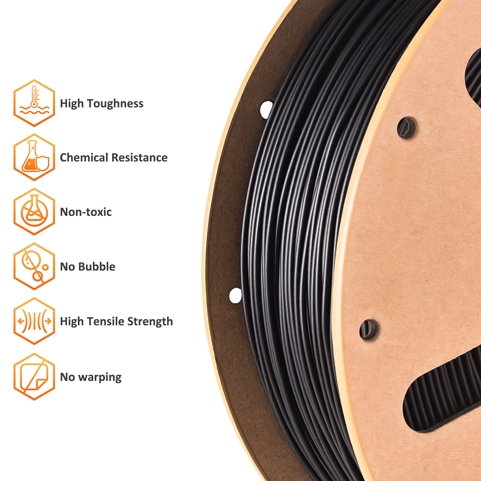 Close-up of ERYONE PP-CF Black filament on spool – texture detail and icons (chemical resistance, high tensile strength)