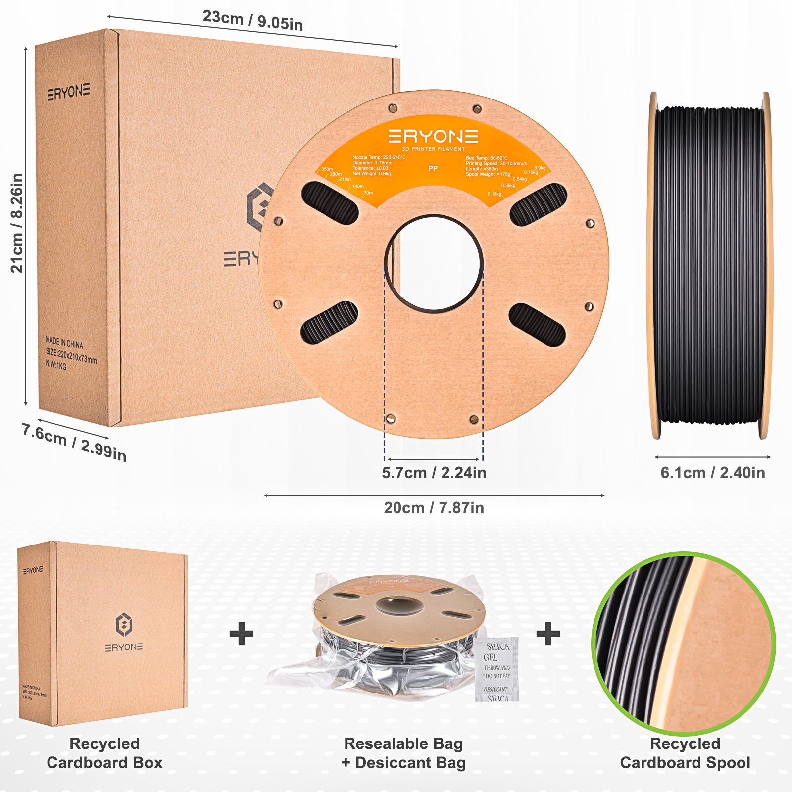 ERYONE PP-CF Black 700g – packaging and size reference (box + spool dimensions, resealable bag with desiccant)
