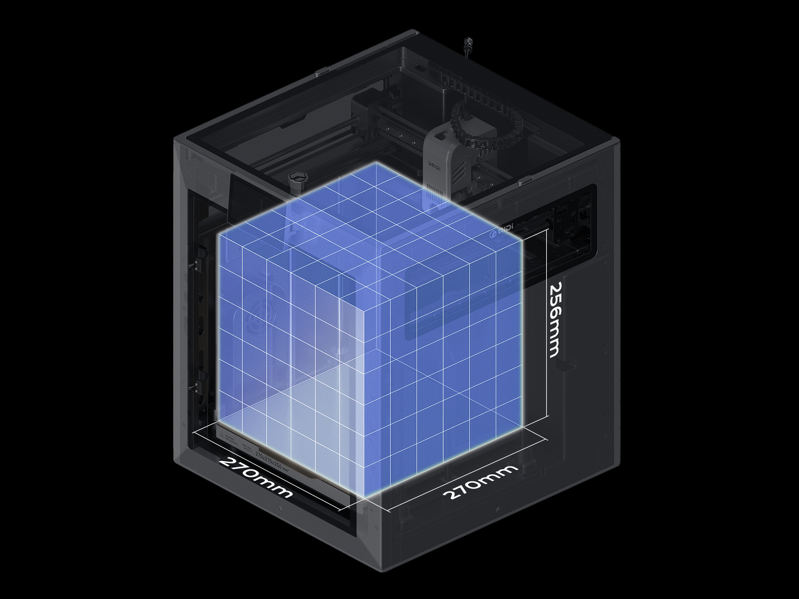 QIDI Q2 build volume dimensions overlay (270 x 270 x 256 mm) with toolhead/extruder visible—size reference