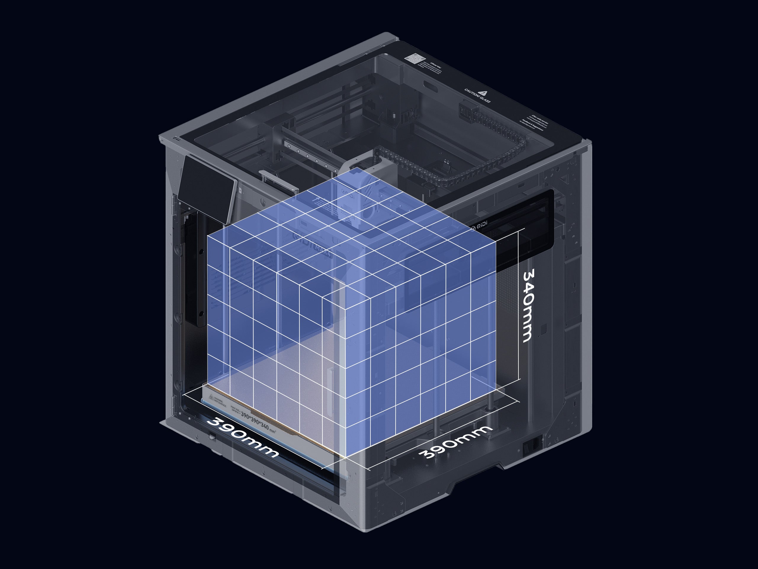 QIDI Max4 build volume diagram — 390×390×340 mm size reference