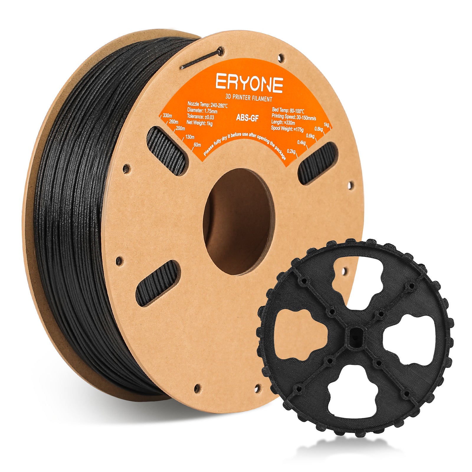 ERYONE ABS GF 1kg Black — main product image, spool front on white background with printed sample disc
